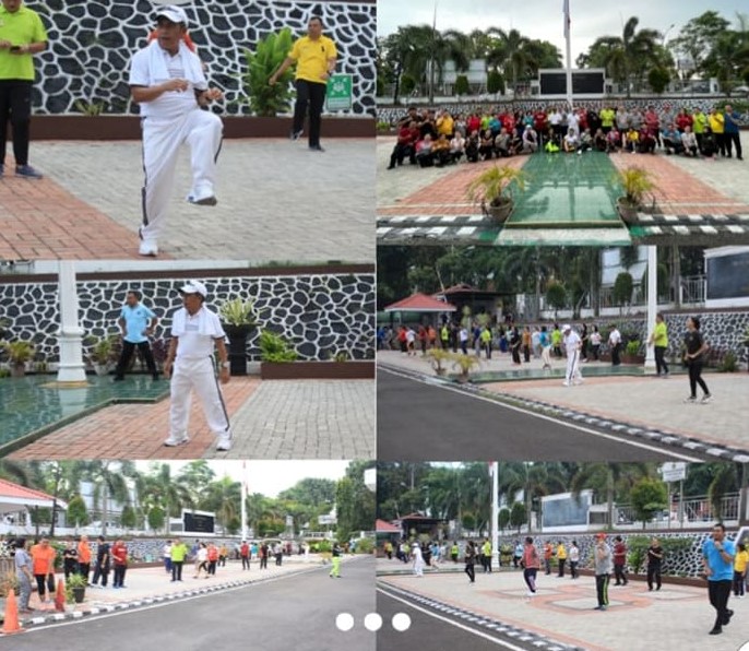 Kepala Kejaksaan Tinggi Sulut Dr. Andi Muhammad Taufik, SH.,MH.,CGCAE mengikuti Senam Pagi bersama seluruh Pegawai Kejati Sulut