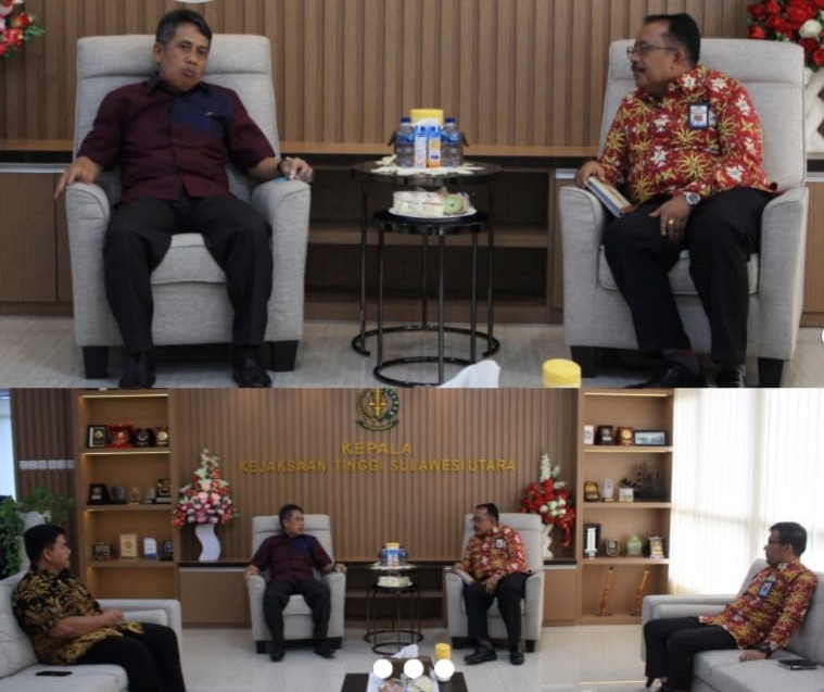 Dr. Andi Muhammad Taufik, SH.,MH.,CGCAE Kepala Kejaksaan Tinggi Sulut menerima Kunjungan Kerja dan Silaturahmi dari Beligan Sembiring Kepala Perwakilan BPK Provinsi Sulut