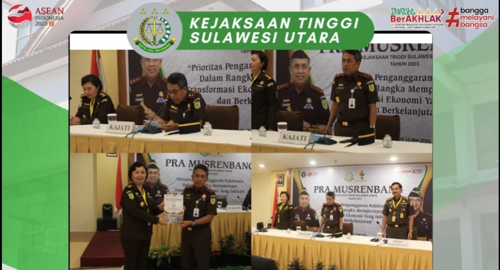 Dr. Andi Muhammad Taufik, SH.,MH.,CGCAE selaku Kepala Kejaksaan Tinggi Sulut menutup secara resmi kegiatan Pra Musrenbang Kejaksaan Tinggi Sulut Tahun 2023