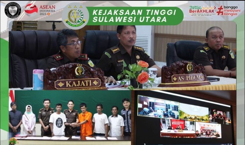 Dr. Andi Muhammad Taufik, SH.,MH.,CGCAE selaku Kepala Kejaksaan Tinggi Sulut di dampingi Aspidum Jeffry Maukar, SH.,MH Koordinator Anthoni Nainggolan, SH.,MH beserta para Kasi Bidang Tindak Pidana Umum melaksanakan ekspose perkara Restorative Justice (RJ)
