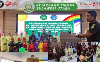Dr. Andi Muhammad Taufik, SH.,MH.,CGCAE selaku Kepala Kejaksaan Tinggi Sulut di dampingi Ketua IAD Wilayah Sulawesi Utara Ny. Maemuna Andi Muhammad Taufik serta Para Asisten dan Koordinator menghadiri acara Pelepasan Anak – Anak TK Adhyaksa VIII Manado ke jenjang sekolah dasar
