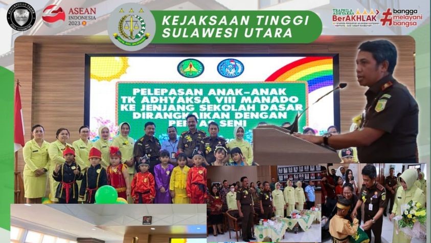 Dr. Andi Muhammad Taufik, SH.,MH.,CGCAE selaku Kepala Kejaksaan Tinggi Sulut di dampingi Ketua IAD Wilayah Sulawesi Utara Ny. Maemuna Andi Muhammad Taufik serta Para Asisten dan Koordinator menghadiri acara Pelepasan Anak – Anak TK Adhyaksa VIII Manado ke jenjang sekolah dasar