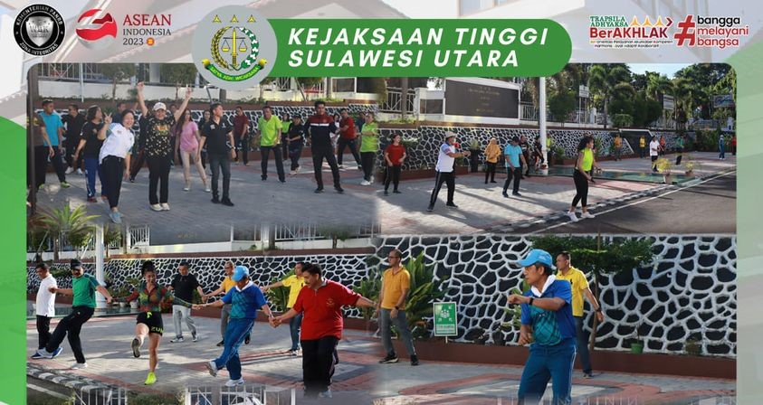 Dr. Andi Muhammad Taufik, SH.,MH.,CGCAE. bersama Asisten Tindak Pidana Khusus Hartono, SH.,MH. Asisten Pidana Militer Elly J. Sumampouw, SH. dan Asisten Pengawasan Fatkhuri, SH. mengikuti Senam Pagi bersama Pegawai Kejati Sulut