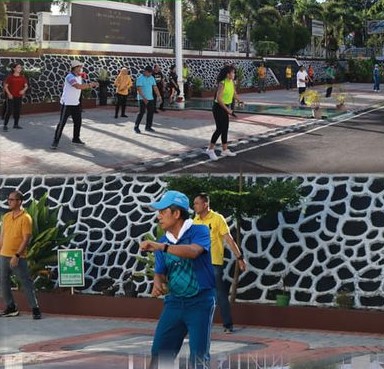 Dr. Andi Muhammad Taufik, SH.,MH.,CGCAE. bersama Asisten Tindak Pidana Khusus Hartono, SH.,MH. Asisten Pidana Militer Elly J. Sumampouw, SH. dan Asisten Pengawasan Fatkhuri, SH. mengikuti Senam Pagi bersama Pegawai Kejati Sulut