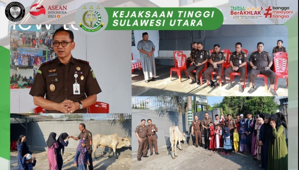 Wakil Kepala Kejaksaan Tinggi Sulut Sila Pulungan atas nama Kepala Kejaksaan Tinggi Sulut Dr. Andi Muhamad Taufik, SH.MH. CGCAE dan warga Adhyaksa Kejaksaan Tinggi Sulut, telah menyerahkan Hewan Qurban Ke Panti Asuhan Al-Ikhwan Manado dalam rangka Peringatan Hari Raya Idul Adha 1444 Hijriyah pada tanggal 29 Juni 2023