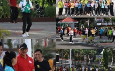 Dr. Andi Muhammad Taufik, SH.,MH.,CGCAE Kepala Kejaksaan Tinggi Sulut dan Wakil Kepala Kejaksaan Tinggi Sulut Sila Pulungan mengikuti kegiatan Senam Pagi bersama pegawai Kejati Sulut