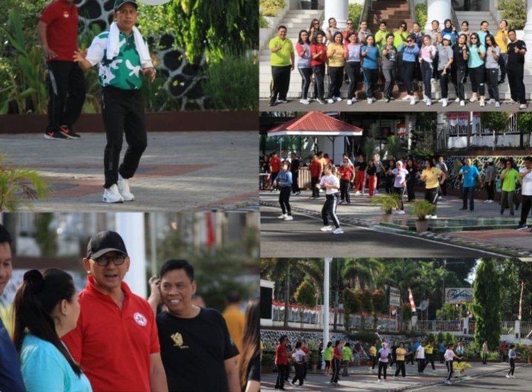 Dr. Andi Muhammad Taufik, SH.,MH.,CGCAE Kepala Kejaksaan Tinggi Sulut dan Wakil Kepala Kejaksaan Tinggi Sulut Sila Pulungan mengikuti kegiatan Senam Pagi bersama pegawai Kejati Sulut