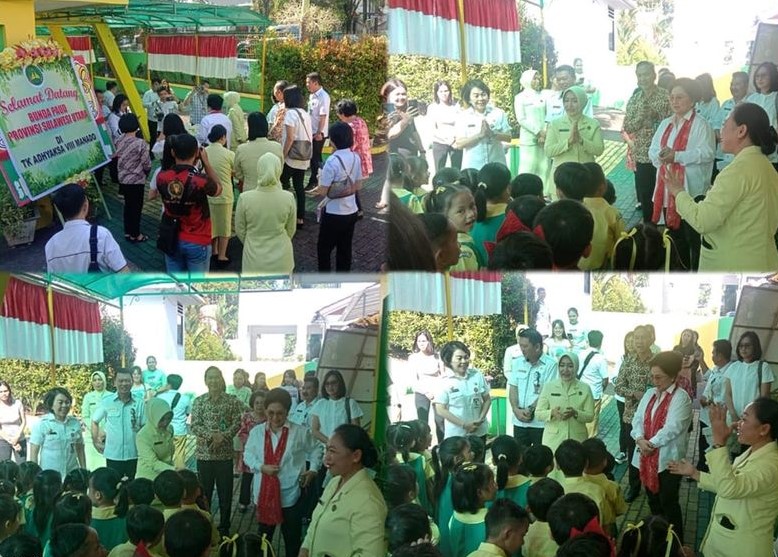 Ketua Tim Penggerak PKK Provinsi Sulut Ny. Ir. Rita Maya Dondokambey-Tamuntuan didampingi Ketua Ikatan Adhyaksa Dharmakarini (IAD) Wilayah Sulut Ny. Maemunah Andi Muhammad Taufik melaksanakan kunjungan di TK Adhyaksa VIII Manado