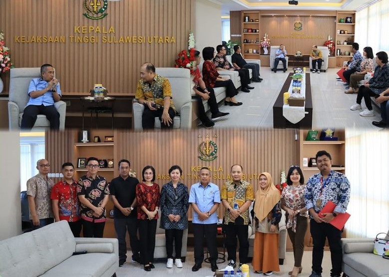 Dr. Andi Muhammad Taufik, SH.,MH.,CGCAE Selaku Kepala Kejaksaan Tinggi Sulut menerima kunjungan kerja dan silaturahmi dari GM Wilayah Telkom Sulutmalut Sri Widodo, ST bersama rombongan