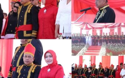 Dr. Andi Muhammad Taufik, SH.,MH.,CGCAE Kepala Kejaksaan Tinggi Sulut di dampingi Ketua Ikatan Adhyaksa Dharmakarini (IAD) Wilayah Sulut Ny. Maemunah Andi Muhammad Taufik menghadiri Upacara Peringatan HUT Ke-59 Provinsi Sulawesi Utara Tahun 2023