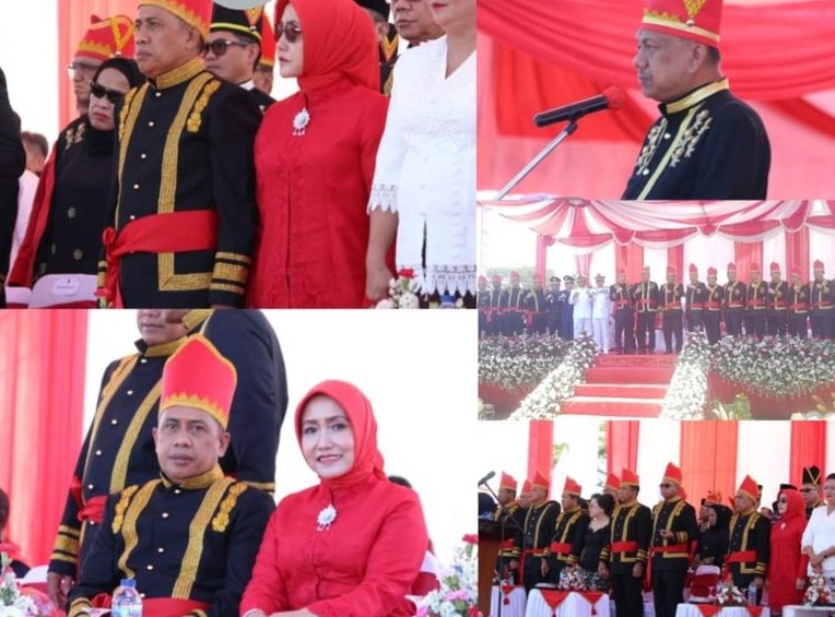 Dr. Andi Muhammad Taufik, SH.,MH.,CGCAE Kepala Kejaksaan Tinggi Sulut di dampingi Ketua Ikatan Adhyaksa Dharmakarini (IAD) Wilayah Sulut Ny. Maemunah Andi Muhammad Taufik menghadiri Upacara Peringatan HUT Ke-59 Provinsi Sulawesi Utara Tahun 2023