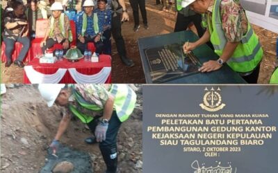 Dr. Andi Muhammad Taufik, SH., MH., CGCAE didampingi Ketua Ikatan Adhyaksa Dharmakarini (IAD) Wilayah Sulut Ny. Maemunah Andi Muhammad Taufik, SE., melaksanakan Peletakan Batu Pertama Pembangunan Gedung Kantor Kejaksaan Negeri Kepulauan Siau Tagulandang Biaro