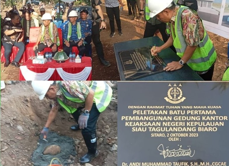 Dr. Andi Muhammad Taufik, SH., MH., CGCAE didampingi Ketua Ikatan Adhyaksa Dharmakarini (IAD) Wilayah Sulut Ny. Maemunah Andi Muhammad Taufik, SE., melaksanakan Peletakan Batu Pertama Pembangunan Gedung Kantor Kejaksaan Negeri Kepulauan Siau Tagulandang Biaro