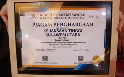 Kepala Kejaksaan Tinggi Sulut Dr. Andi Muhammad Taufik, SH.,MH.,CGCAE menerima Piagam Penghargaan Peringkat 1 Kategori Satuan Kerja Terbaik